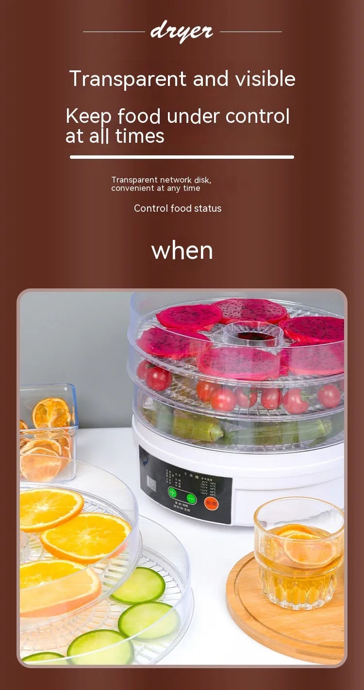 Five layer electric food dehydrator with stackable trays for drying fruit and vegetables