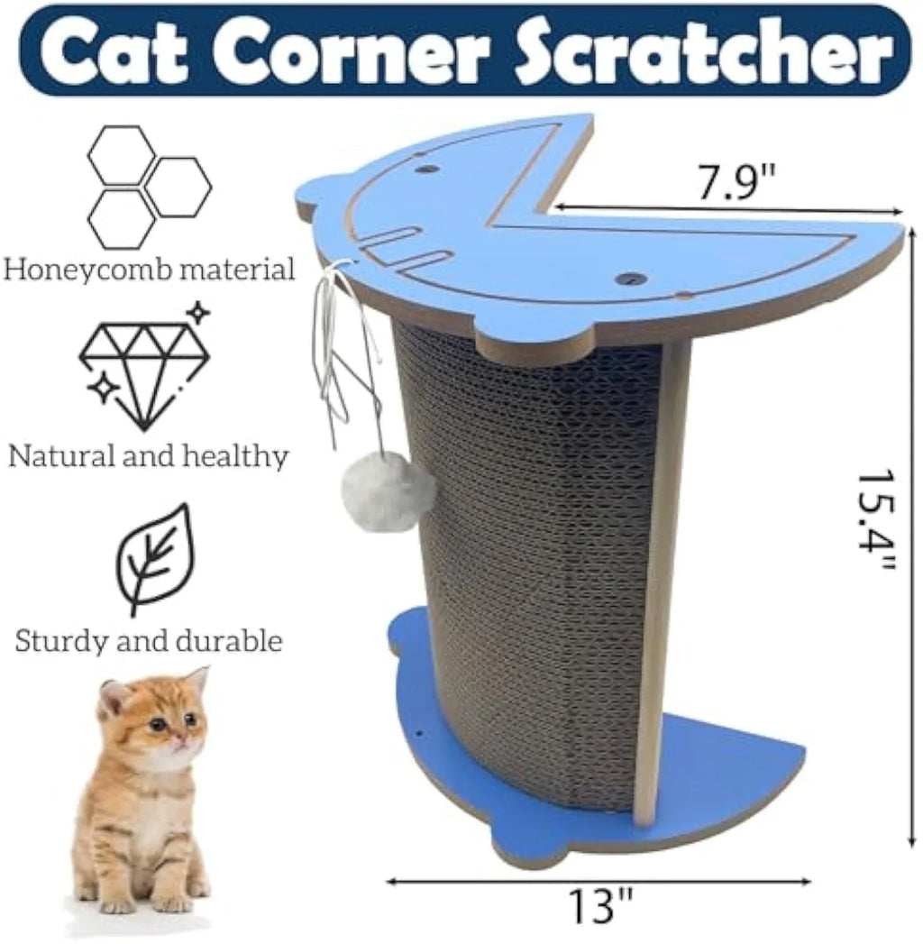 Dark grey vertical cat corner scratching pad with hanging ball on a cardboard surface.