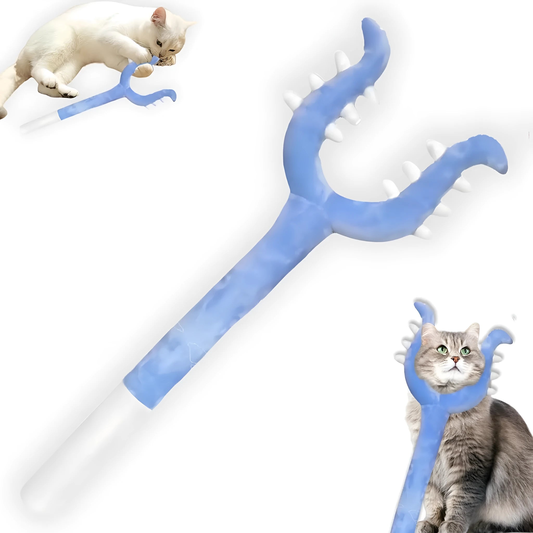 Blue and pink plush cat wand toy with foam head, 70 cm long for interactive play