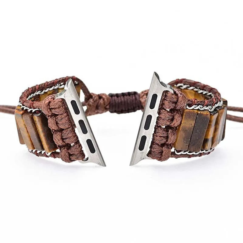 Rectangular tiger eye stone chain on a brown adjustable textile watch strap for men.