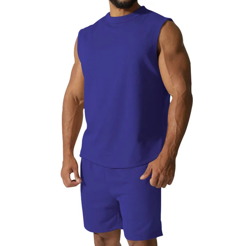 Men's solid colour sleeveless sports top and matching casual shorts set on a hanger