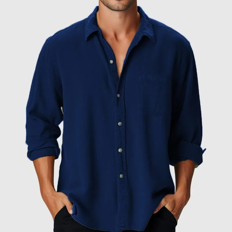 Men's loose-fit beach shirt with stand collar and long sleeves in lightweight polyester fabric