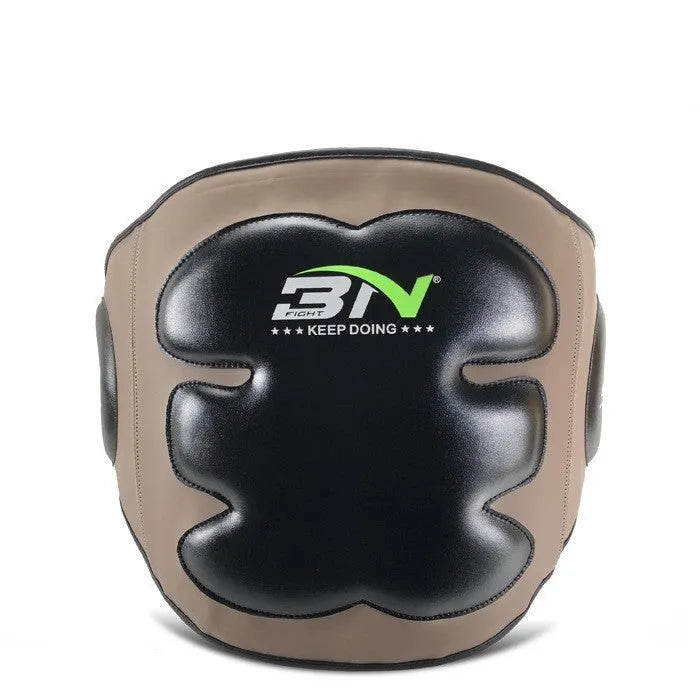 Dark grey Sanda boxing chest protection target with thick padding and waist support strap.