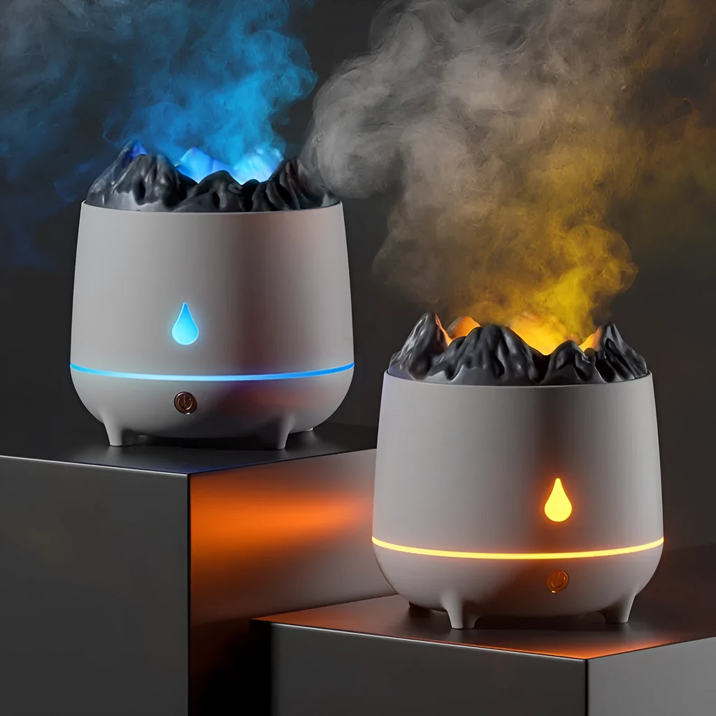 Black volcano-shaped ultrasonic humidifier with USB cable on wooden desk emitting mist