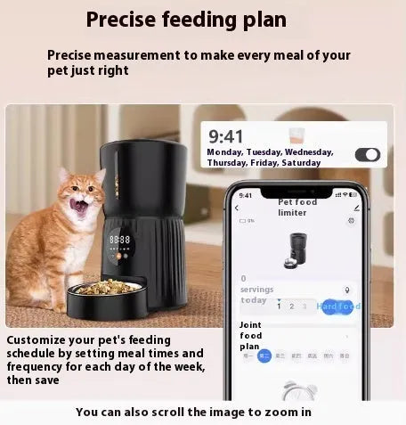 Black and white intelligent pet feeder with automatic timing and quantitative remote feeding via USB power