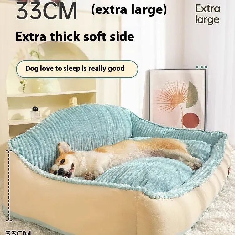 Morandi coloured removable cover pet bed for dogs and cats, shown in medium and large size options.