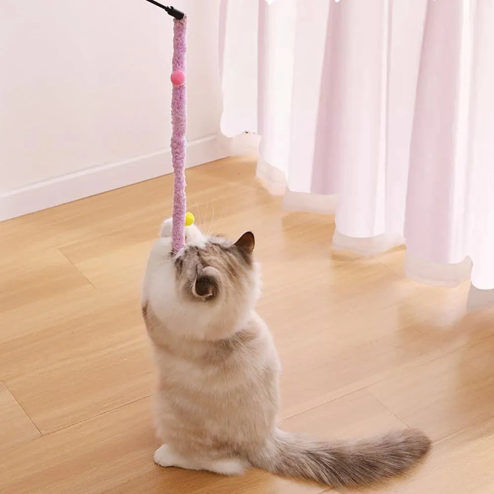 Interactive cat wand toy with blue plush strip, colourful fluffy ball and bell on 41cm pole