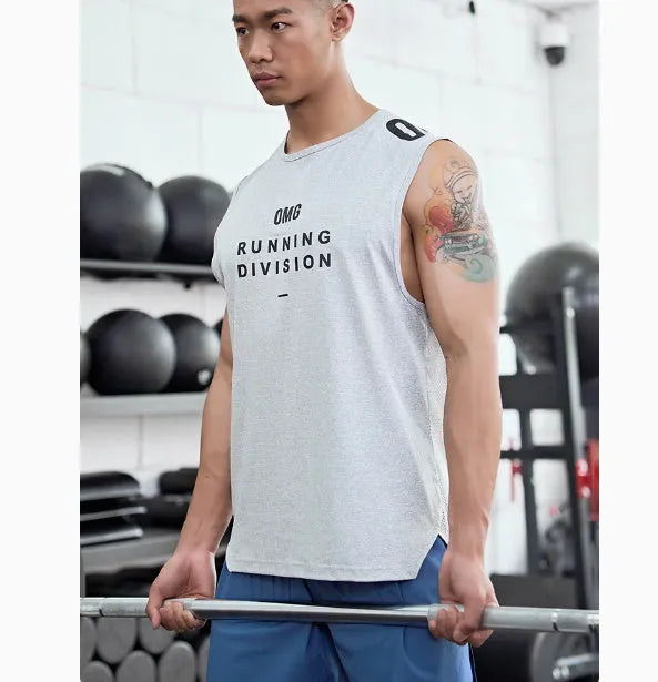 Man's loose-fitting mesh sports vest in blue, shown from the front.