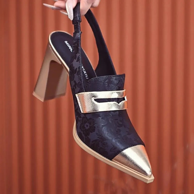 Korean style women's chunky heel sandals with pointed toe and high elastic ankle strap in black