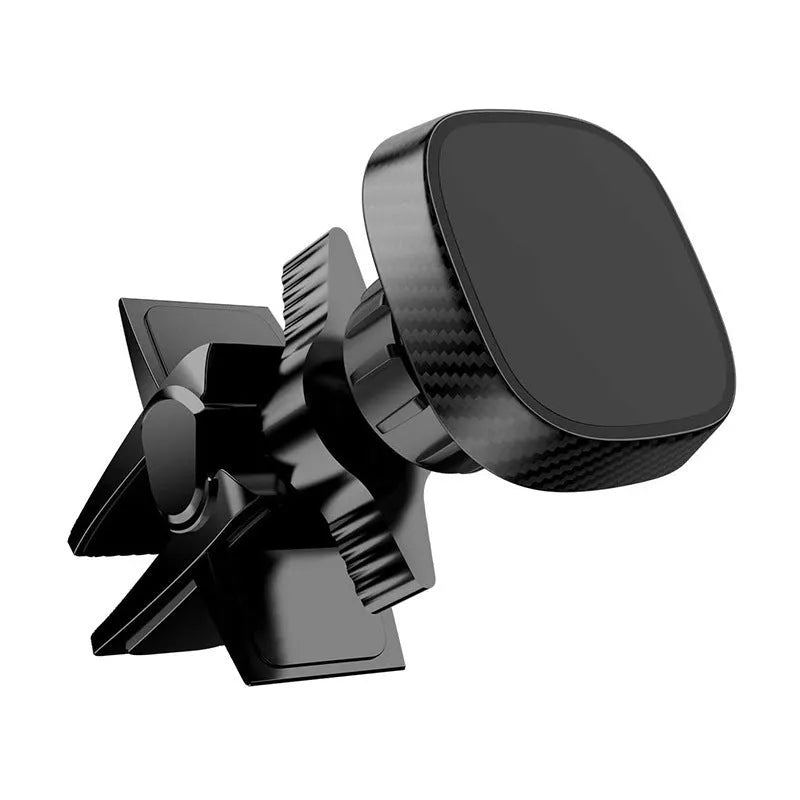 Black magnetic car phone holder mounted on vehicle air vent with anti-slip baffle plate