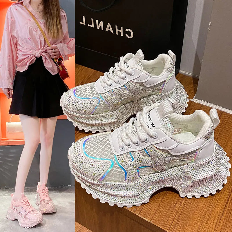 TIANXIU women's chunky platform sneakers light yellow glitter rhinestone green trim thick white sole lace-up