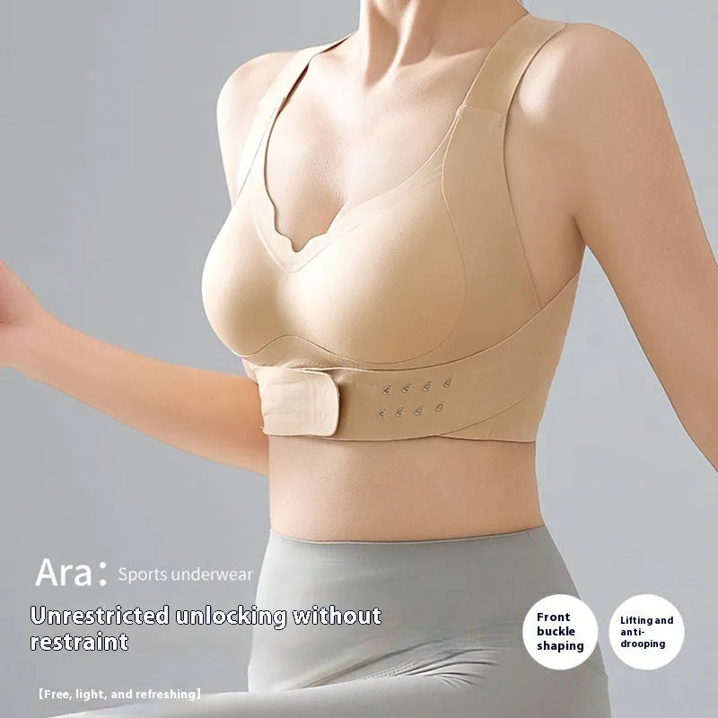Women's front fastening sports bra in black, showing double shoulder straps and 3/4 cup design.