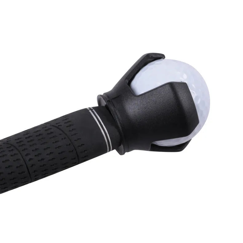 Black golf ball picking device with clip attachment showing putter-compatible seat design