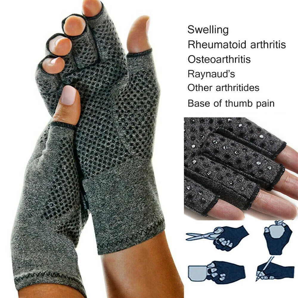 Grey half-finger compression gloves with anti-slip grip made from trueran spandex material
