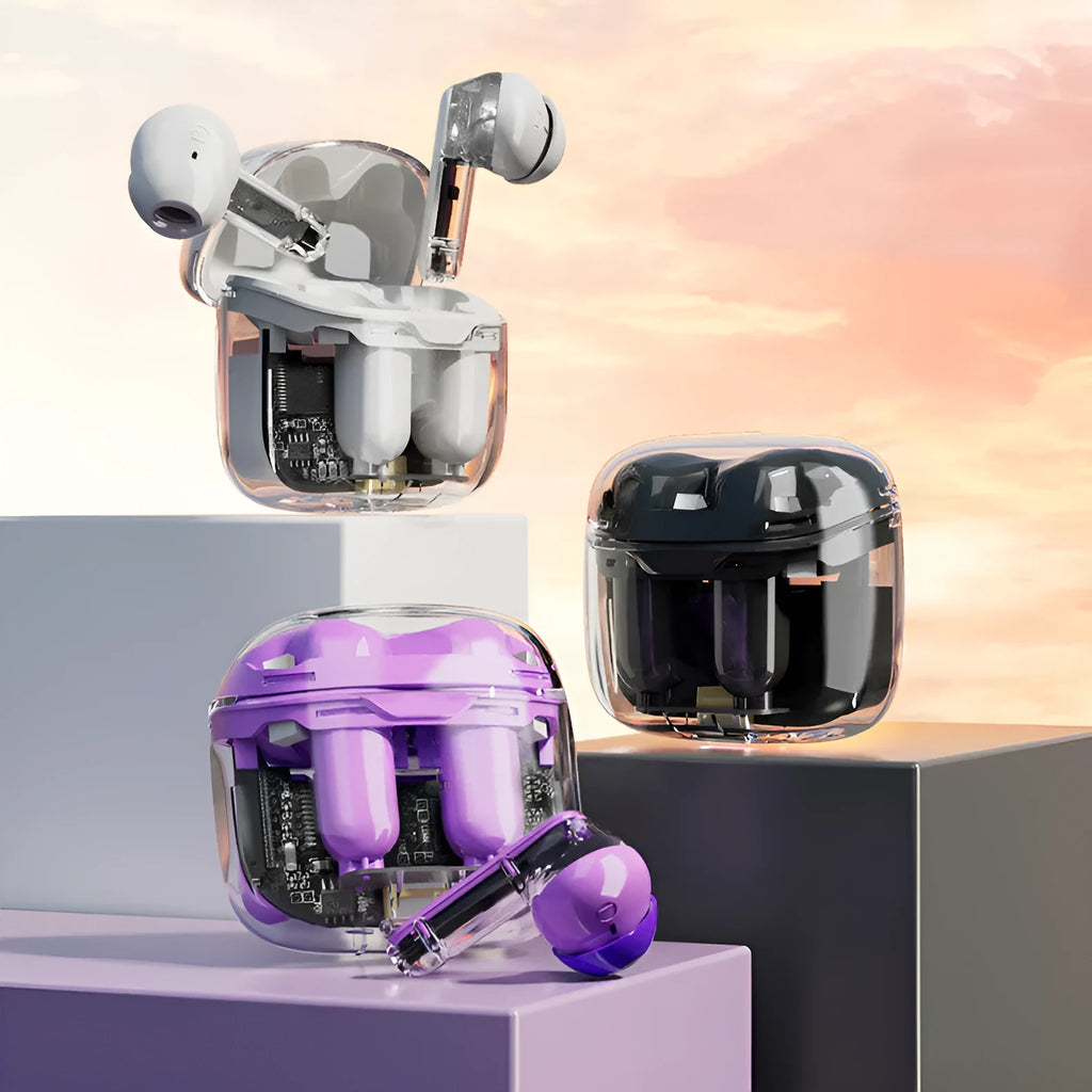 Transparent wireless Bluetooth earbud with breathing light available in black white and purple