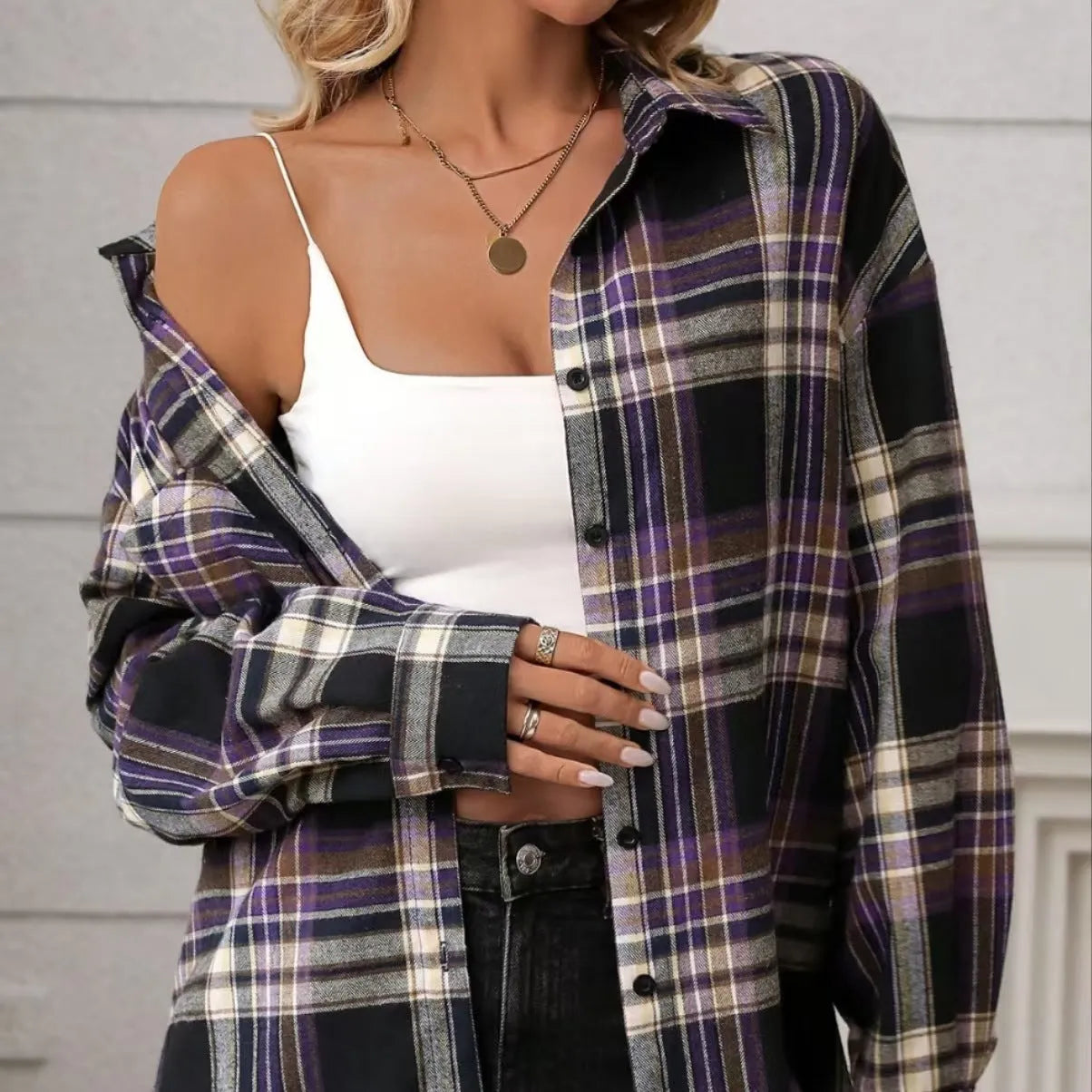 Women's loose fit retro plaid cotton shirt with long sleeves and button front in black green purple colours