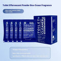 Toilet bubble powder in pink floral and blue ocean fragrance, showing 240g bag and box of five 40g sachets.