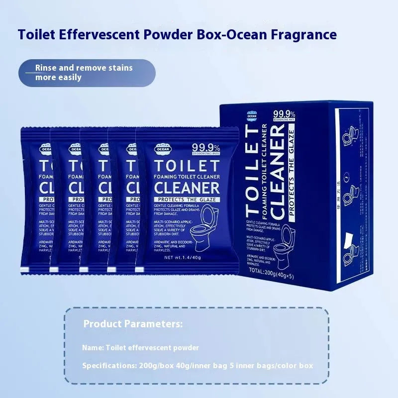 Toilet bubble powder in pink floral and blue ocean fragrance, showing 240g bag and box of five 40g sachets.