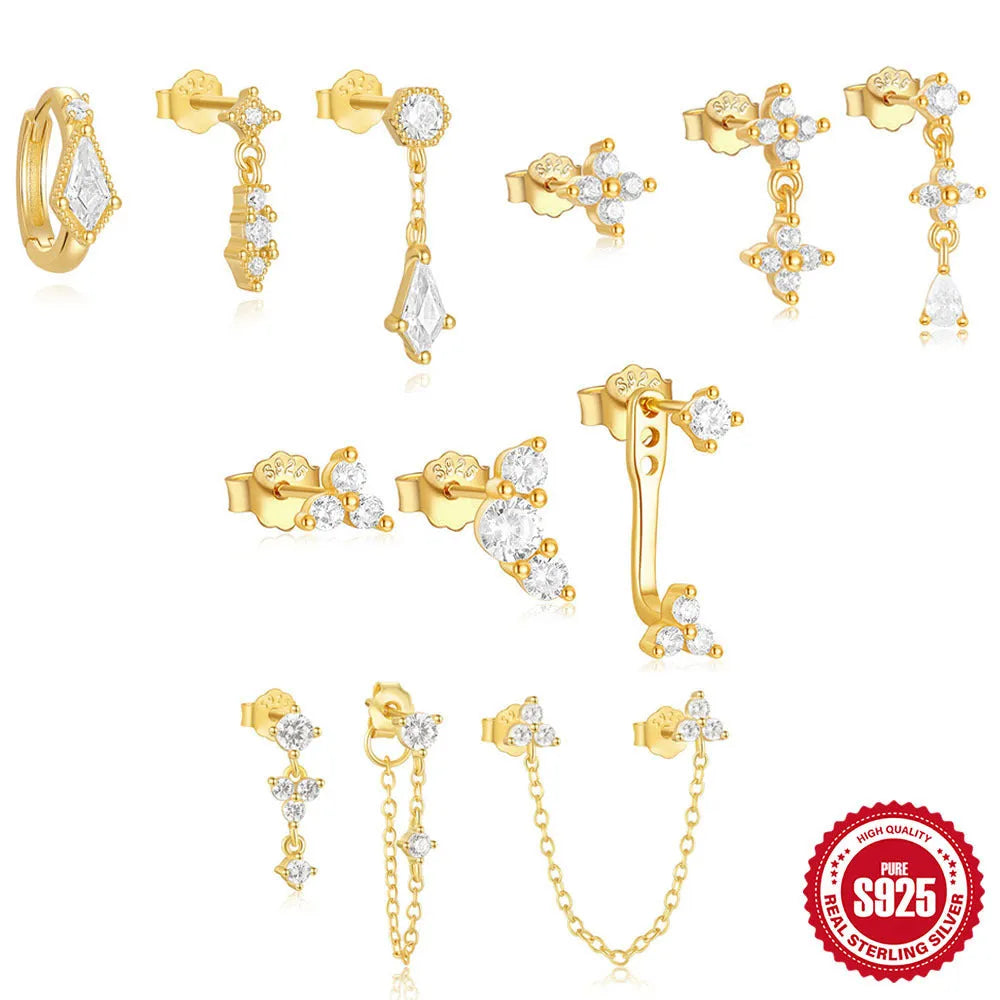 Three pairs of geometric zircon tassel earrings in sterling silver with gold tone variations
