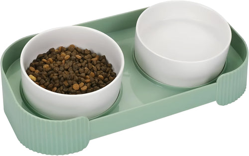 Ceramic elevated cat bowls with 15 degree tilt and non-slip base in green, white or yellow
