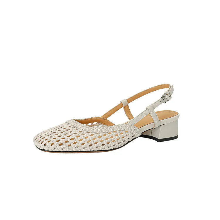 Women's black woven sandals with a chunky 4cm heel, closed square toe, and an ankle strap with a buckle.
