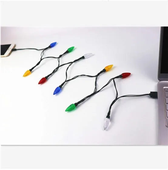 Green USB charging cable with 10 colourful LED lights flashing along its length