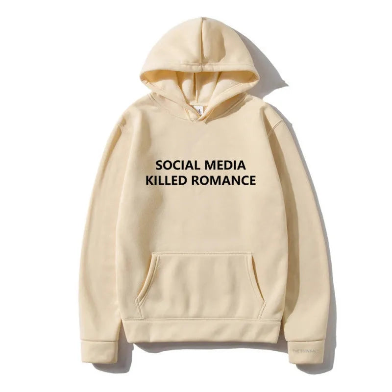 Slim fit men's grey hoodie with a white spring letter pattern print on the front, featuring a hood and long sleeves.