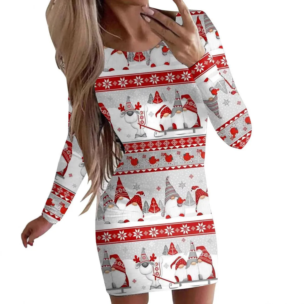 Printed floral Christmas dress with round neck and long sleeves in fitted design