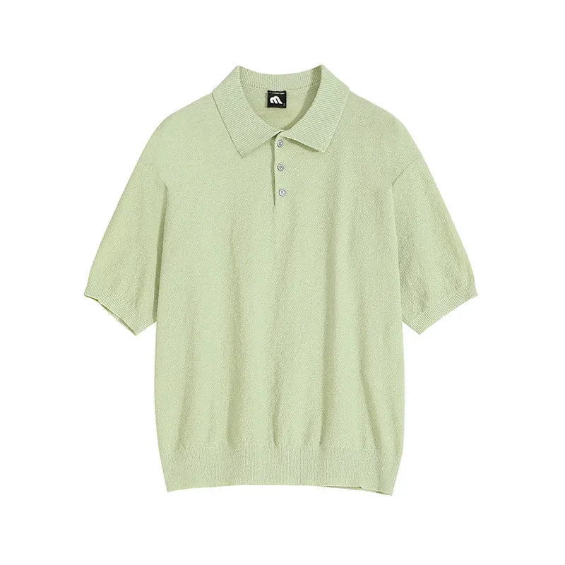 Men's caramel coloured knitted polo shirt with short sleeves and asymmetric design