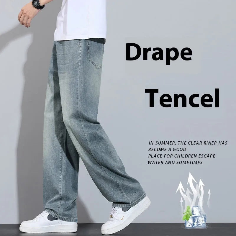 Straight-leg casual trousers in ice silk denim with wide leg fit and zip fly closure