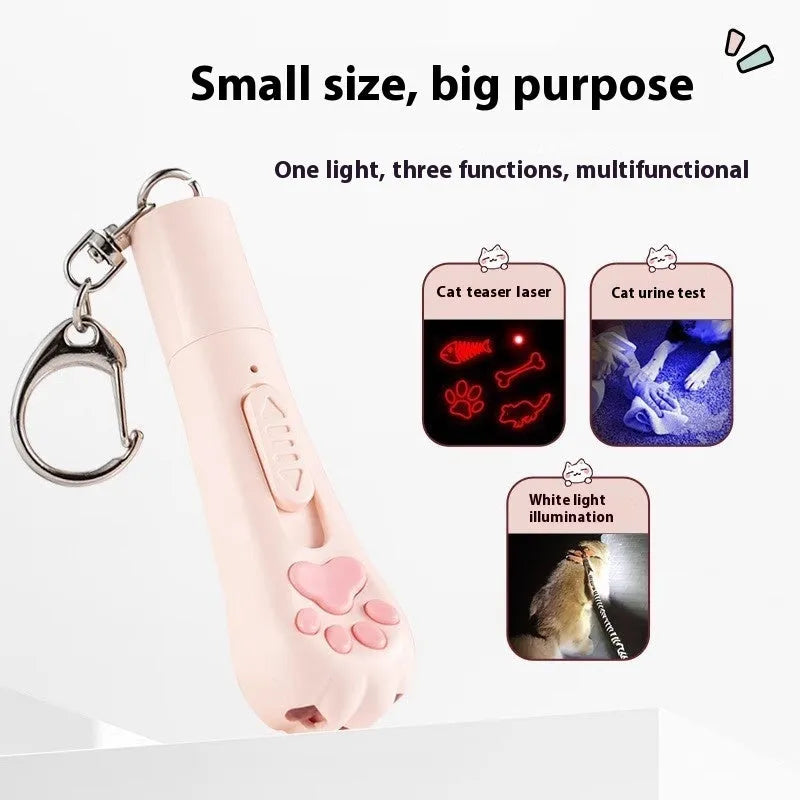Rechargeable cat pen light toy with teaser attachment in pink, cream white, or sky blue