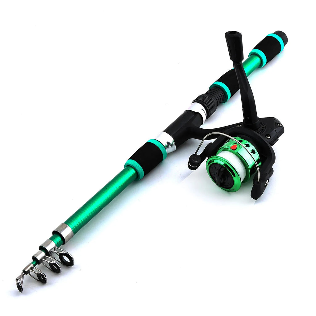 Children's beginner fishing rod and reel set in blue, green, red, or yellow colour options.