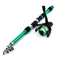 Children's beginner fishing rod and reel set in blue, green, red, or yellow colour options.