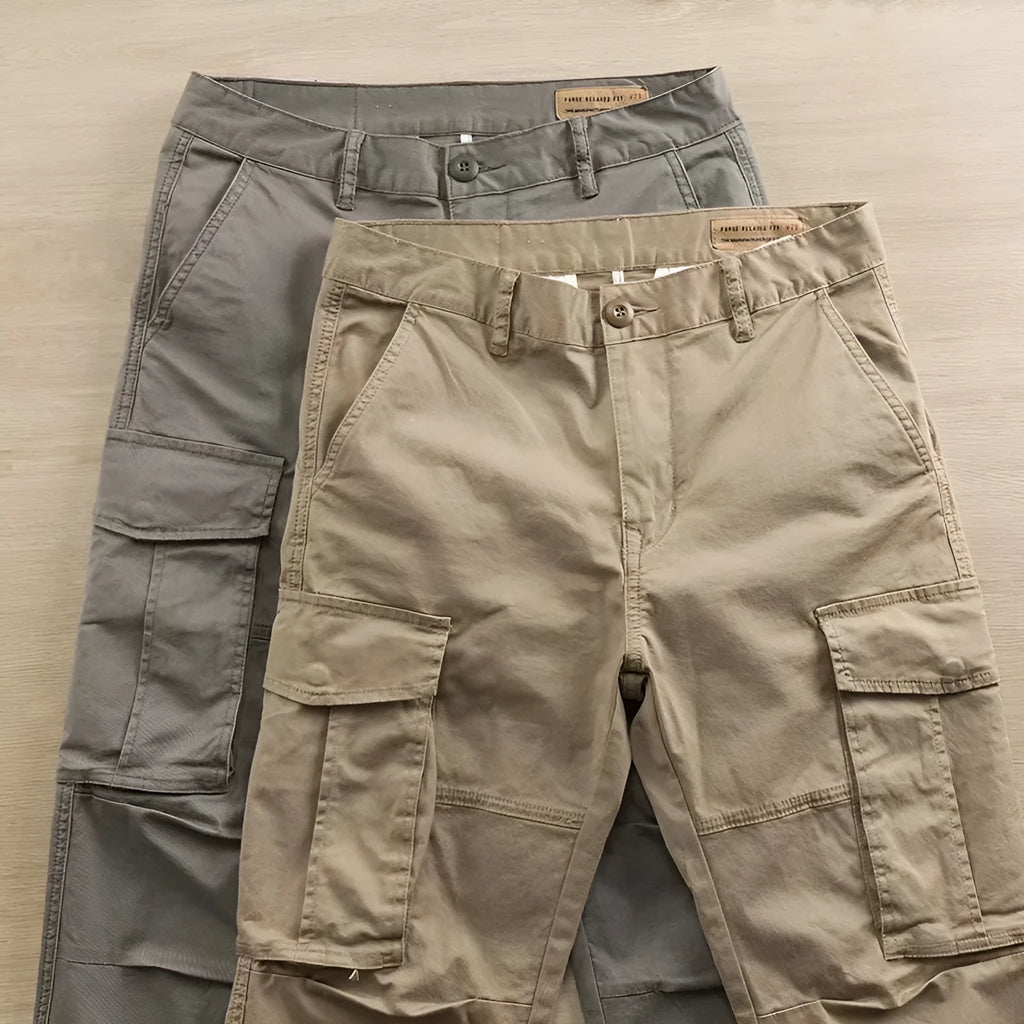 Men's solid colour cotton multi-pocket labour protection trousers in a cropped length.