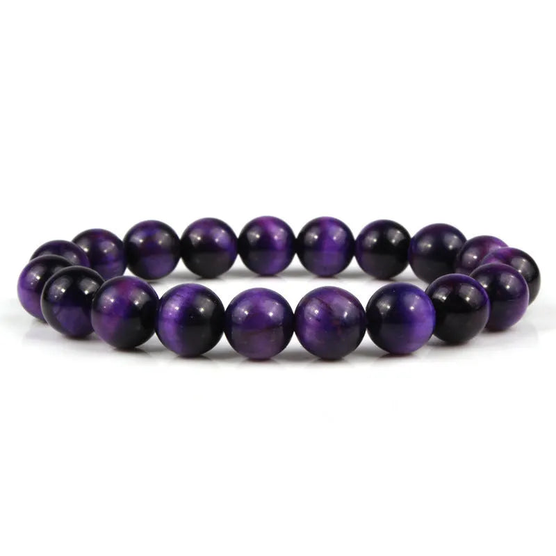 Unisex tigereye crystal bead bracelet with round geometric beads, shown in a dark blue variant.
