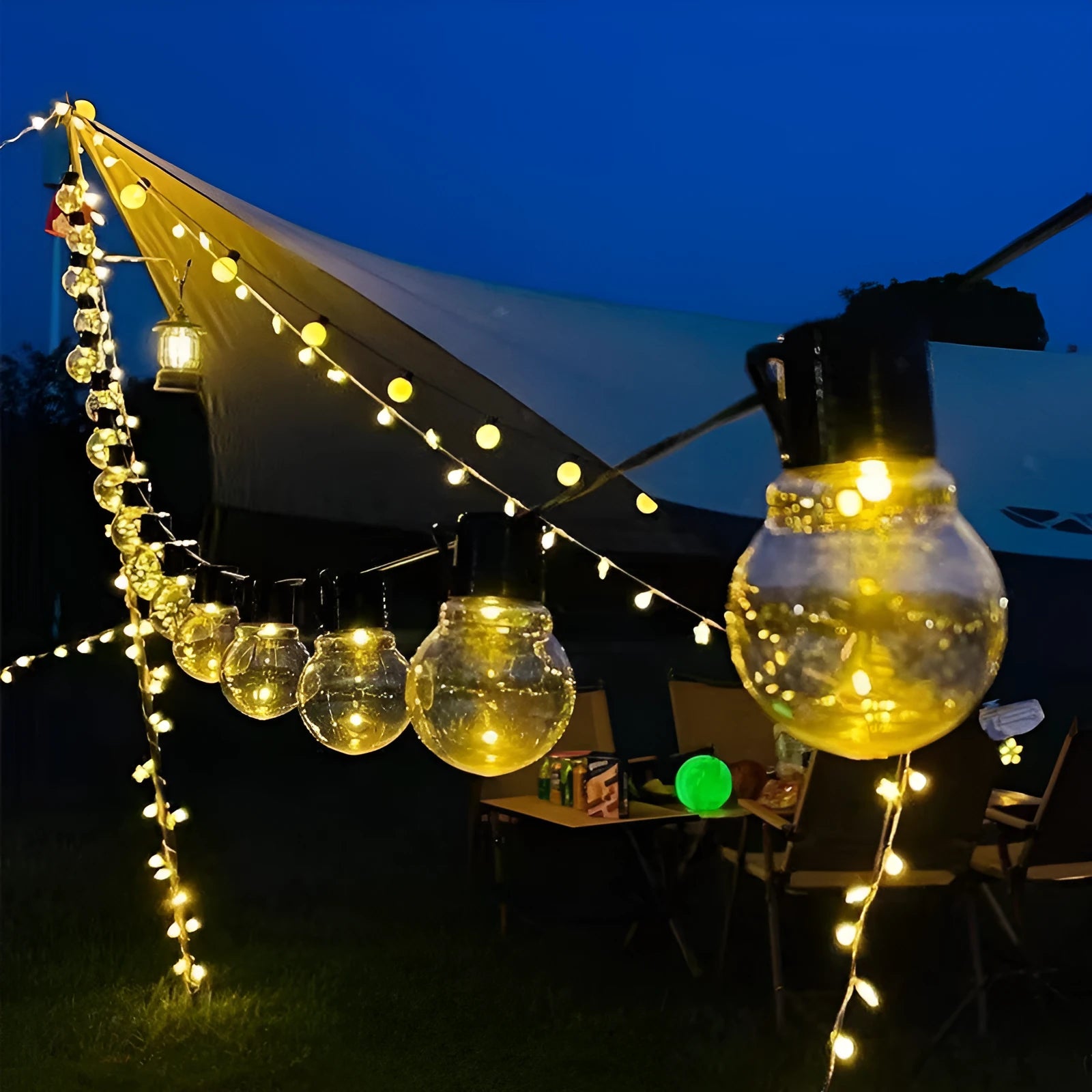 10-metre solar festival light string with 40 retro bulbs on black cable for outdoor tent decoration