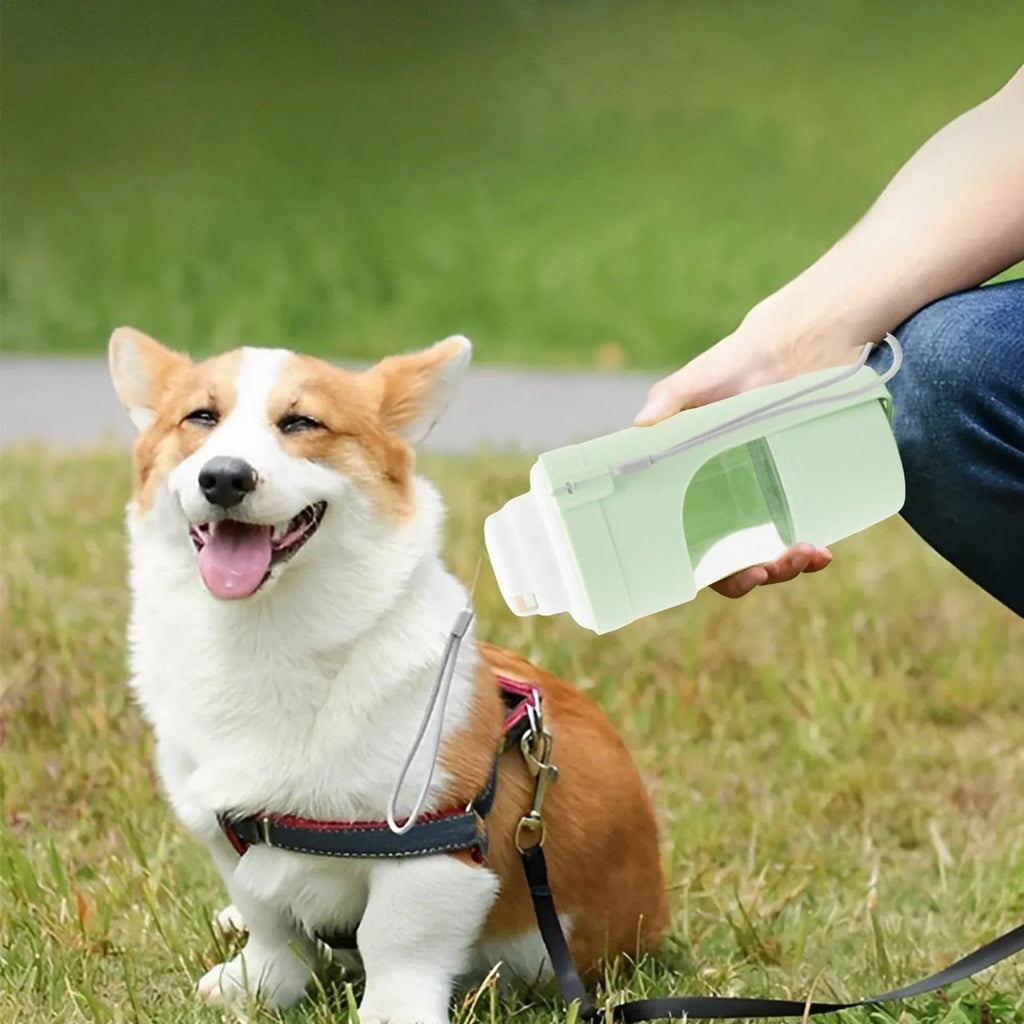 Portable pet water bottle feeder with lanyard showing grey colour option and drinking cup