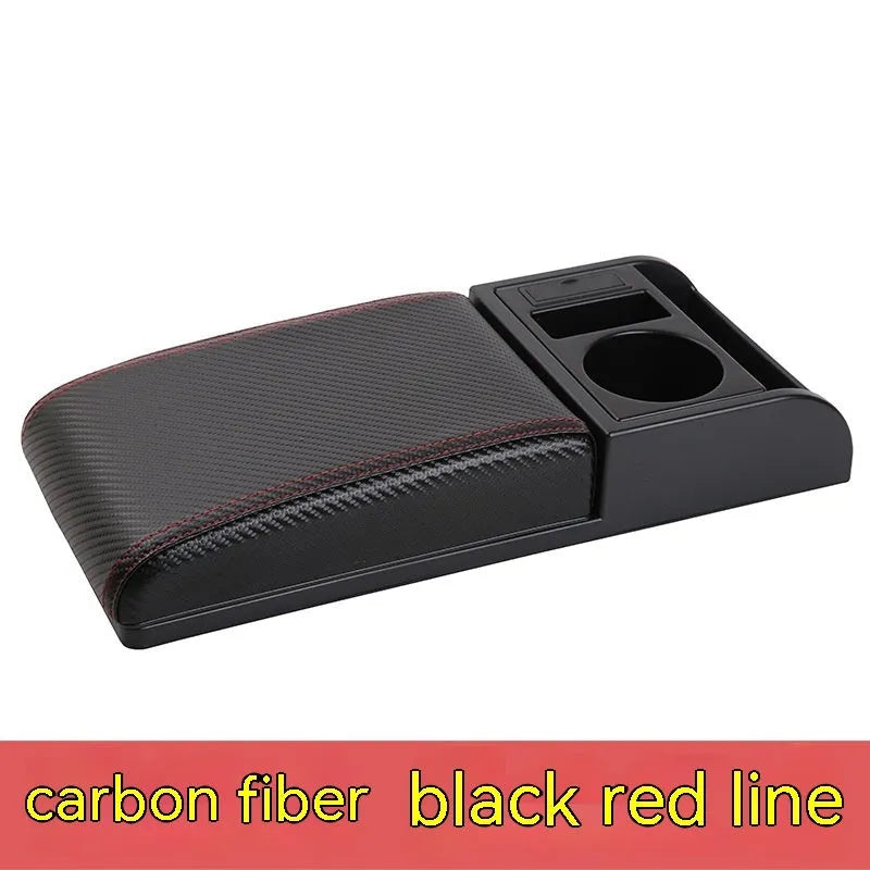 Universal automobile armrest cover with height adjustment in black PU leather finish