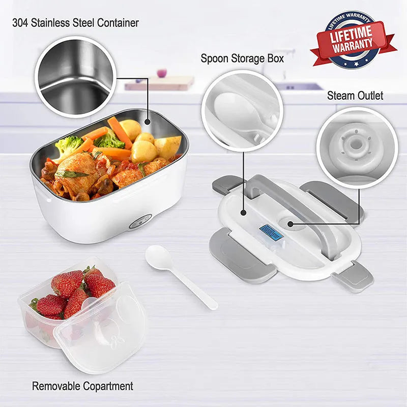 Grey dual-power electric lunch box for car and home with stainless steel pot and mechanical dial.