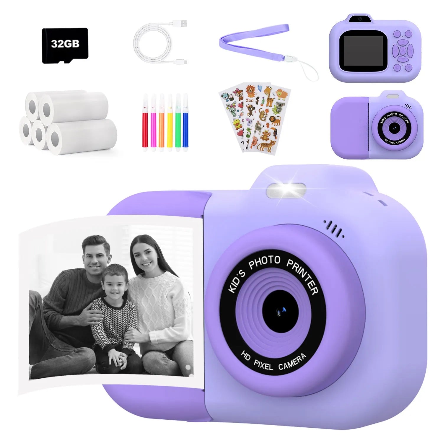 Children's plastic digital camera in pink, blue or purple colour with charging cable