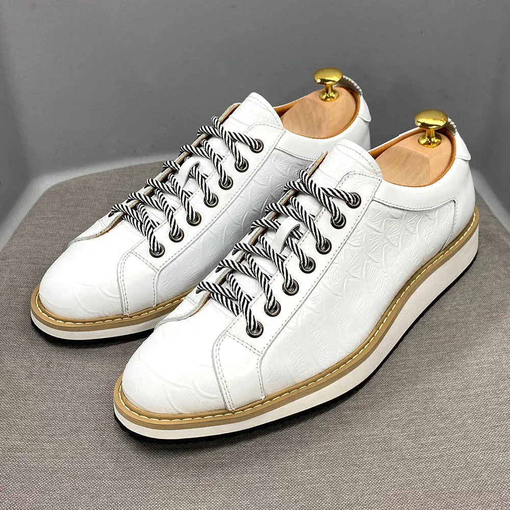Men's fashion shoes with embossed pattern, low-tube design, and front tie closure in multiple colour options