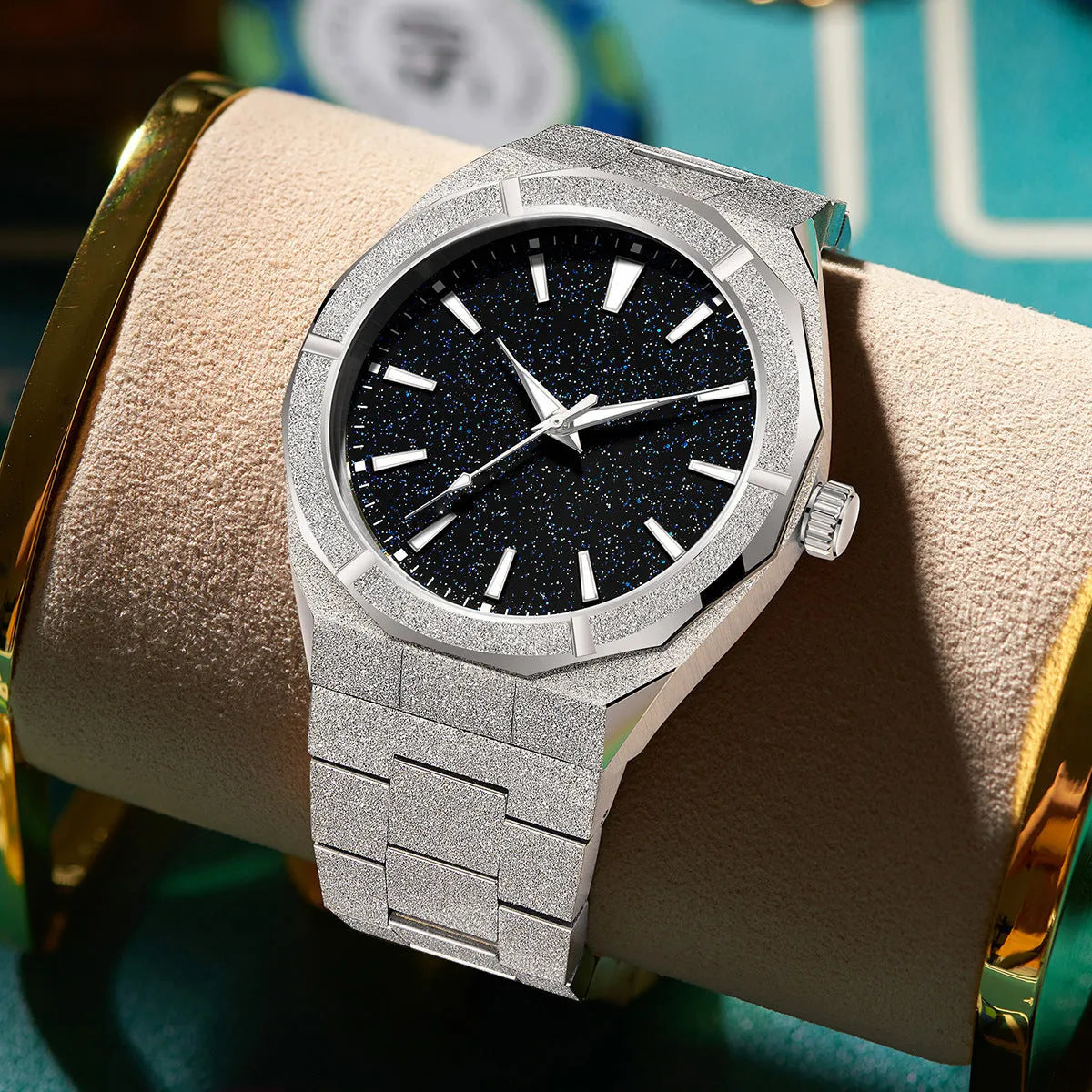 Men's stainless steel business watch with luminous markers and frosted finish