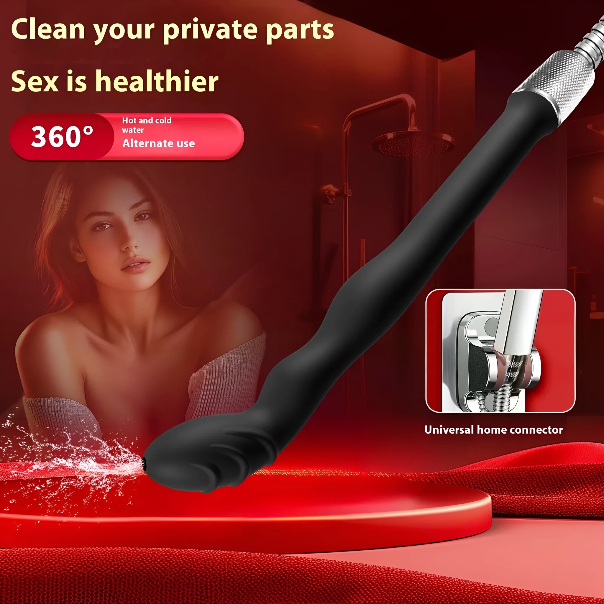 Black silicone hosepipe flusher cleaning kit with enema attachment on a plain background