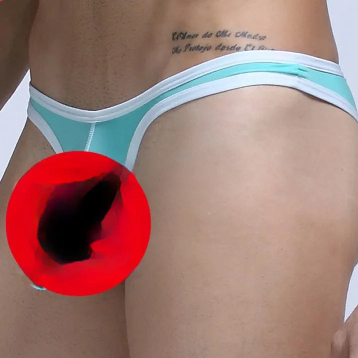 Men's Ice Silk nylon underwear briefs in elephant nose style on a colour selection background.