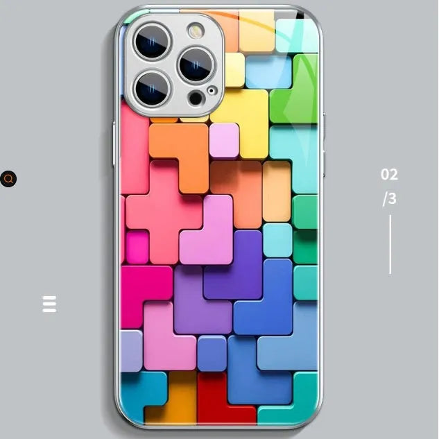 Colourful geometric building block design silicone case for iPhone on a white background.