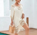 Apricot crocheted patchwork beach dress with half sleeves on hanger
