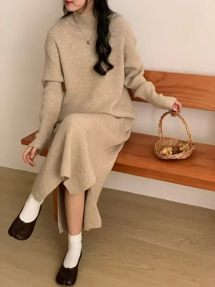 Half turtleneck acrylic knitted dress in graphite colour with long sleeves