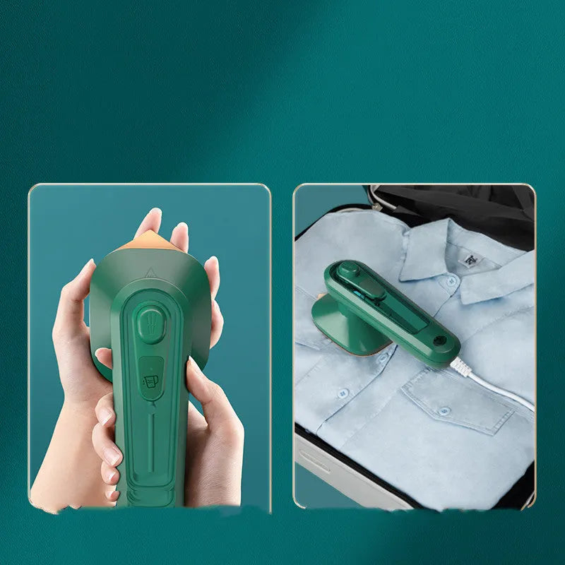 Handheld portable garment steamer in dark green with large titanium soleplate