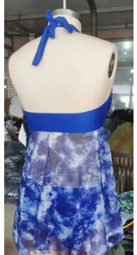 Blue women's European American style bikini swimsuit with briefs cut on mannequin
