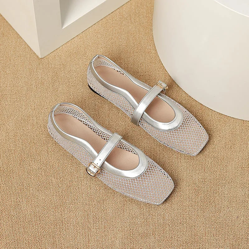 Women's beige mesh pump with square toe and adjustable buckle on flat heel.